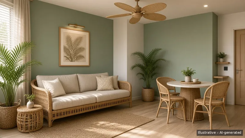 Living and dining — Rattan Resort, HDB 3-room (illustrative)