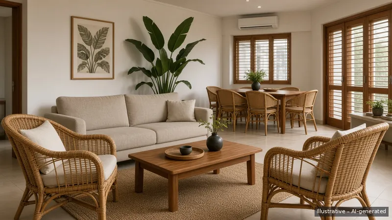 Living and dining — Rattan Resort, HDB 4-room (illustrative)