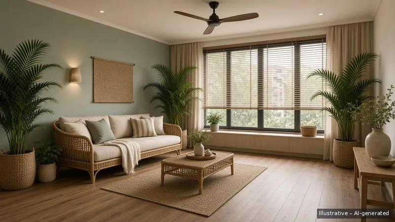 Living — Rattan Resort, HDB 5-room (illustrative)