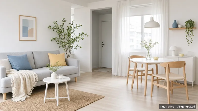 Living and dining — Scandi Bright, HDB 3-room (illustrative)