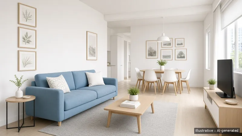 Living and dining — Scandi Bright, HDB 4-room (illustrative)