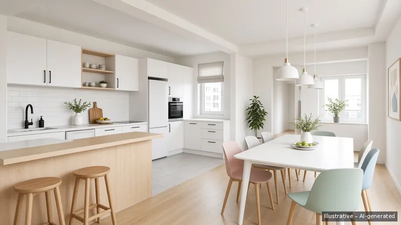 Kitchen and dining — Scandi Bright, HDB 5-room (illustrative)