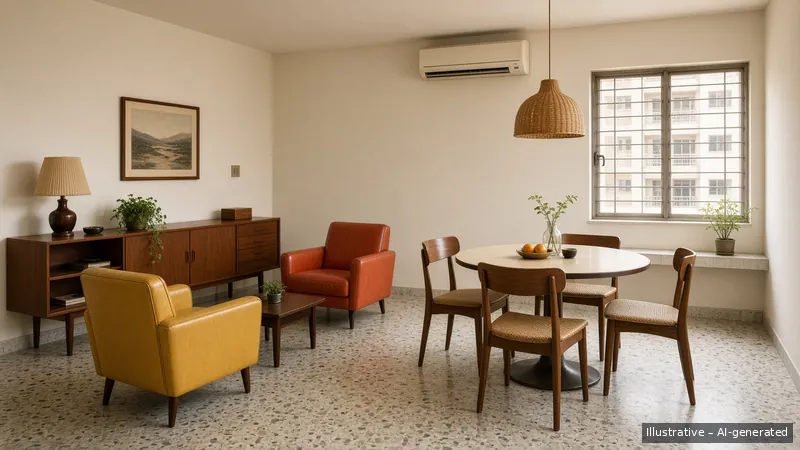 Living and dining — Seventies Singapore Retro, HDB 3-room (illustrative)