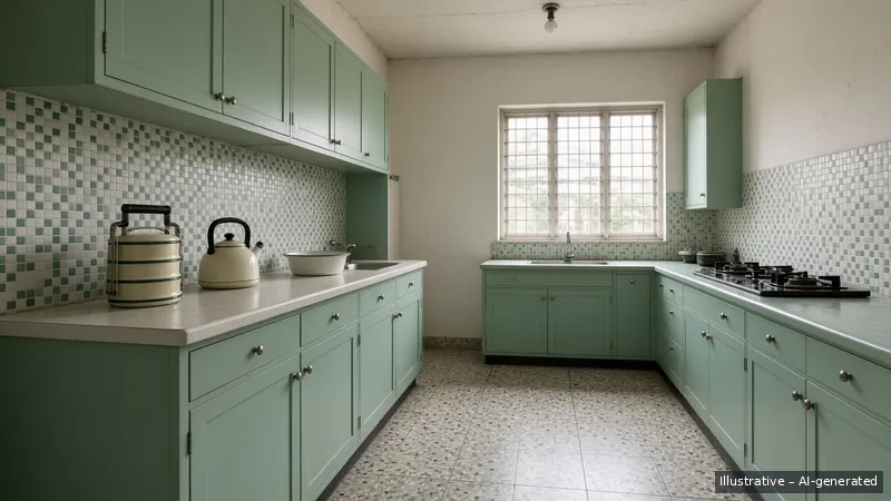 Galley kitchen — Seventies Singapore Retro, HDB 3-room (illustrative)