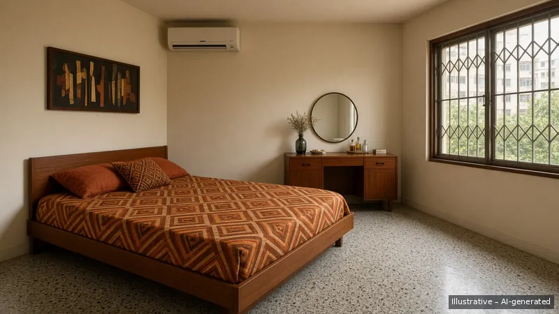Bedroom — Seventies Singapore Retro, HDB 3-room (illustrative)