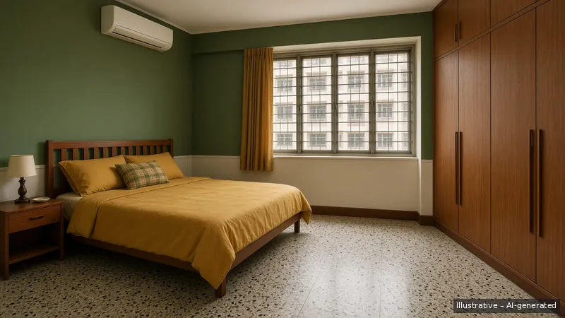 Master bedroom — Seventies Singapore Retro, HDB 4-room (illustrative)