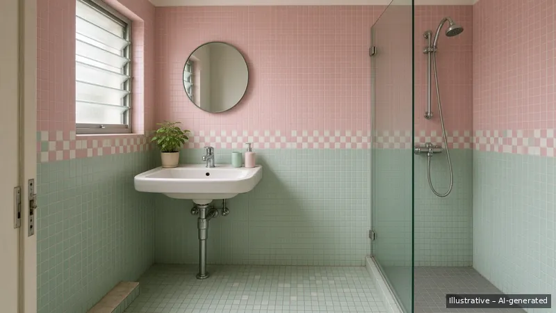 Bathroom — Seventies Singapore Retro, HDB 4-room (illustrative)