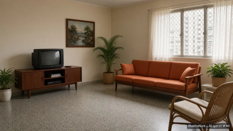 Living — Seventies Singapore Retro, HDB 5-room (illustrative)