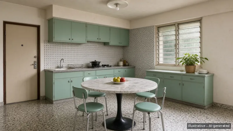 Kitchen and dining — Seventies Singapore Retro, HDB 5-room (illustrative)