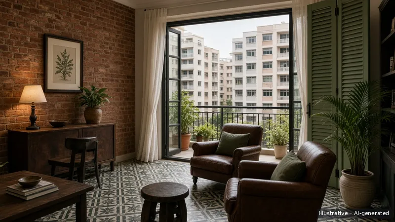 Living and balcony — Shophouse Revival, Condo (illustrative)