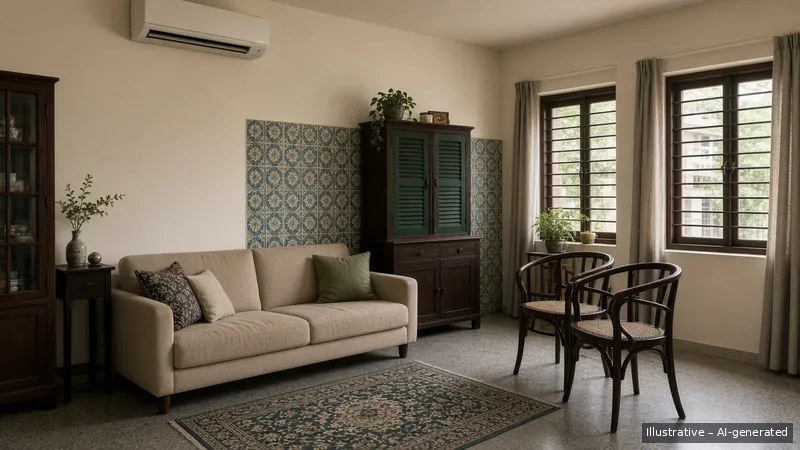 Living — Shophouse Revival, HDB 5-room (illustrative)