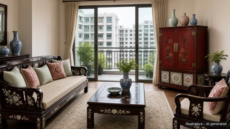Living and balcony — Straits Chinese Rosewood, Condo (illustrative)