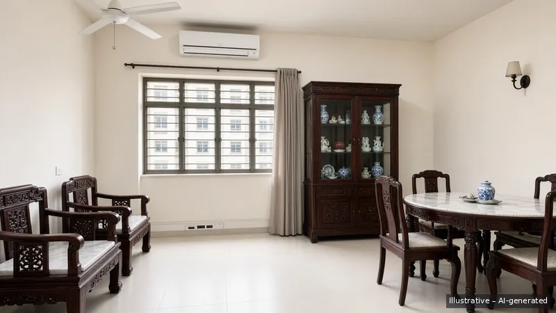 Living and dining — Straits Chinese Rosewood, HDB 3-room (illustrative)