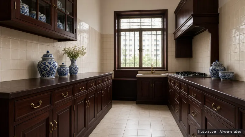 Galley kitchen — Straits Chinese Rosewood, HDB 3-room (illustrative)