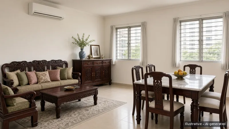 Living and dining — Straits Chinese Rosewood, HDB 4-room (illustrative)