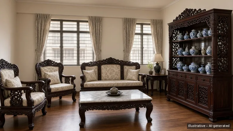 Living — Straits Chinese Rosewood, HDB 5-room (illustrative)