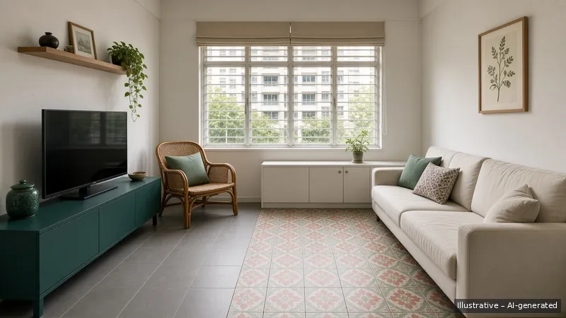 Living room — Teal Kebaya, HDB 3-room (illustrative)