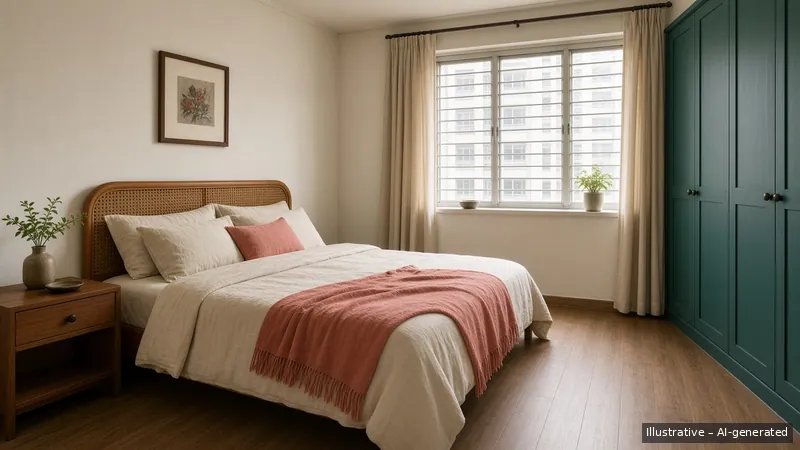Master bedroom — Teal Kebaya, HDB 4-room (illustrative)