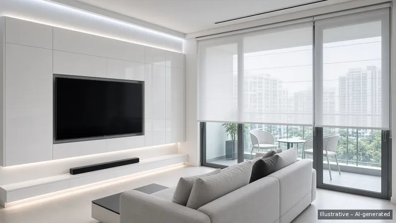Living and balcony — Tech Minimal, Condo (illustrative)