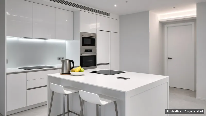 Kitchen island — Tech Minimal, Condo (illustrative)