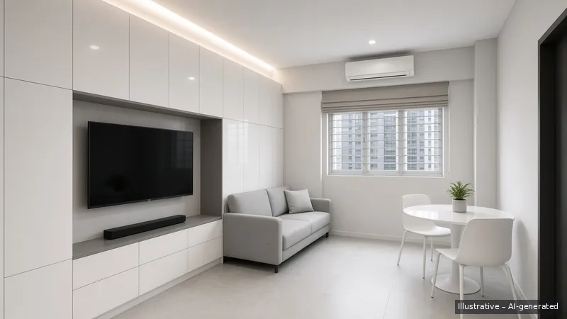 Living and dining — Tech Minimal, HDB 3-room (illustrative)