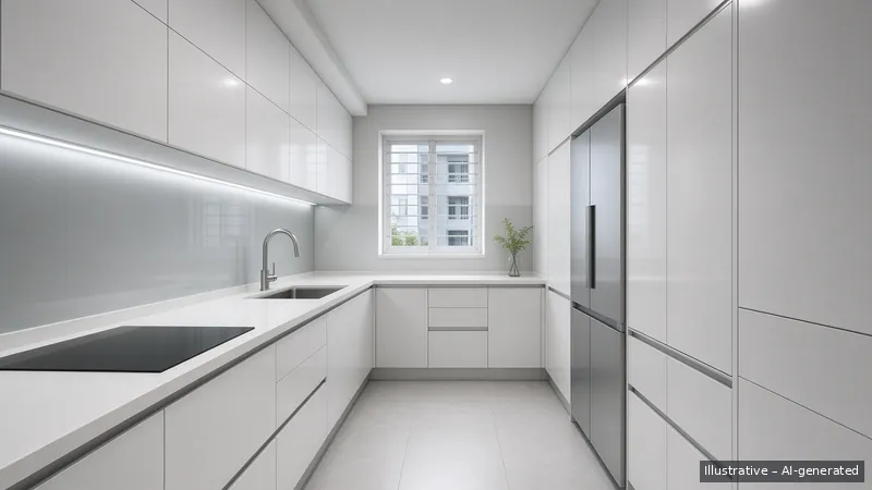 Galley kitchen — Tech Minimal, HDB 3-room (illustrative)