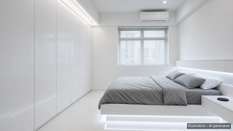 Bedroom — Tech Minimal, HDB 3-room (illustrative)
