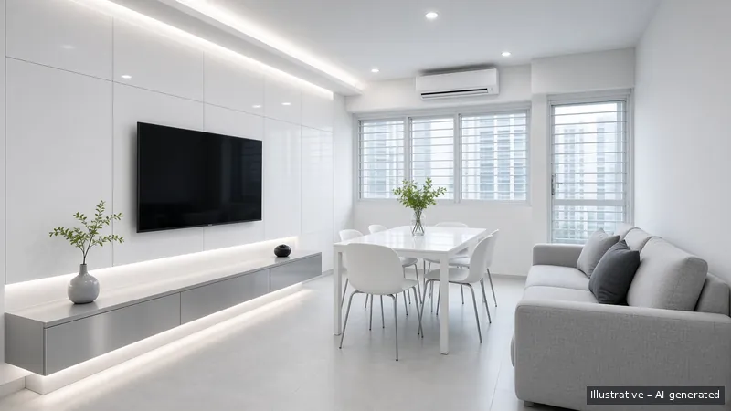 Living and dining — Tech Minimal, HDB 4-room (illustrative)