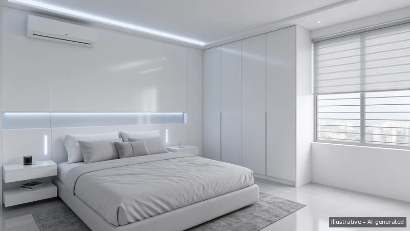 Master bedroom — Tech Minimal, HDB 4-room (illustrative)