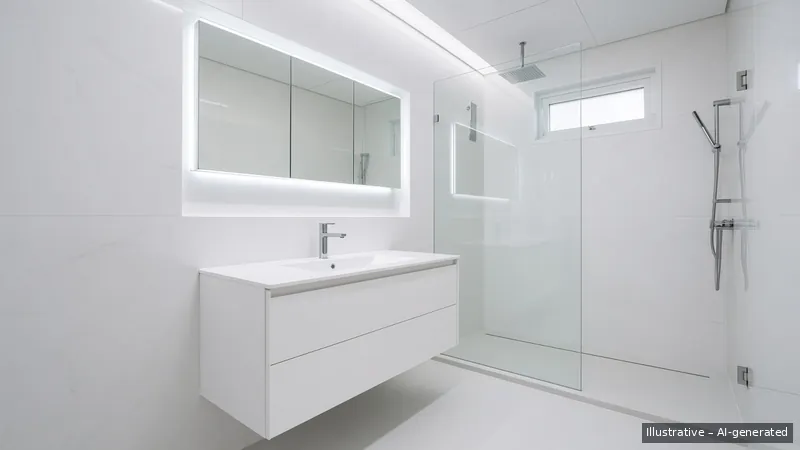 Bathroom — Tech Minimal, HDB 4-room (illustrative)