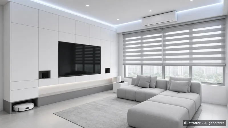 Living — Tech Minimal, HDB 5-room (illustrative)