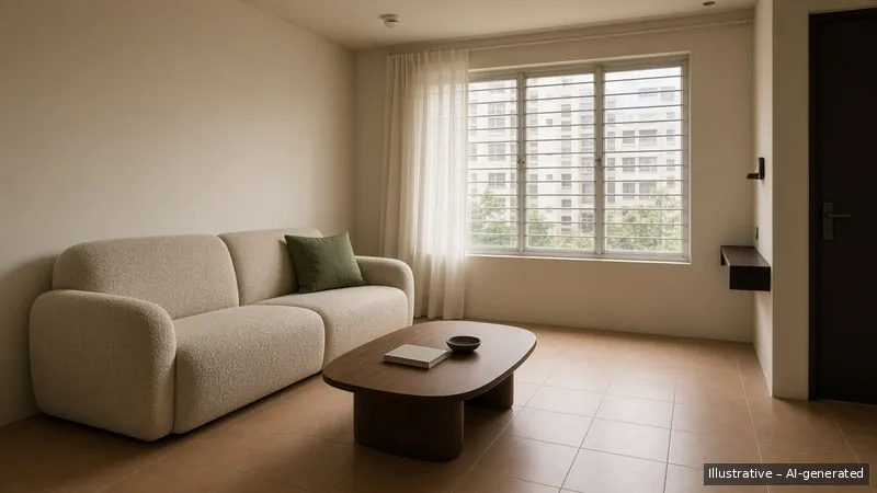 Living room — Terracotta Day, HDB 3-room (illustrative)