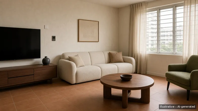 Living room — Terracotta Day, HDB 4-room (illustrative)