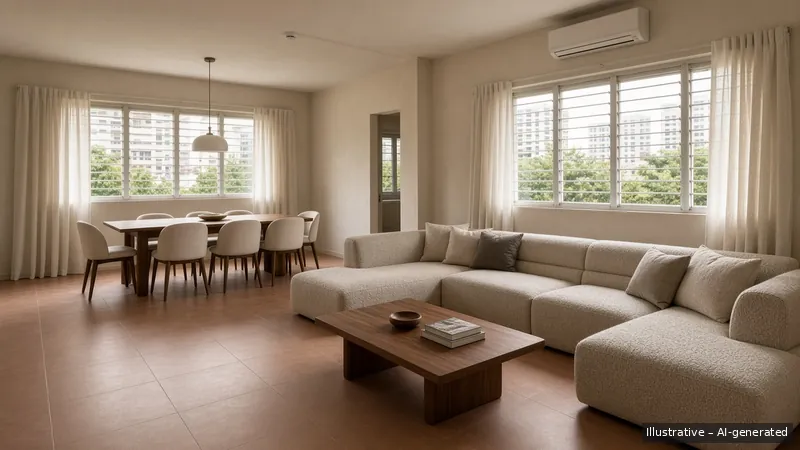 Living and dining — Terracotta Day, HDB 5-room (illustrative)