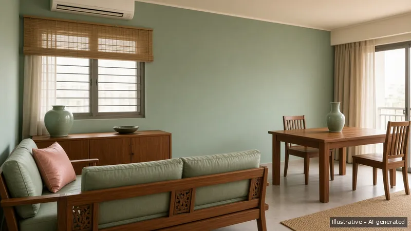 Living and dining — Thai Teak Lanna, HDB 3-room (illustrative)