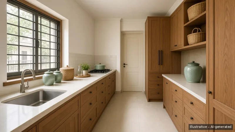 Galley kitchen — Thai Teak Lanna, HDB 3-room (illustrative)