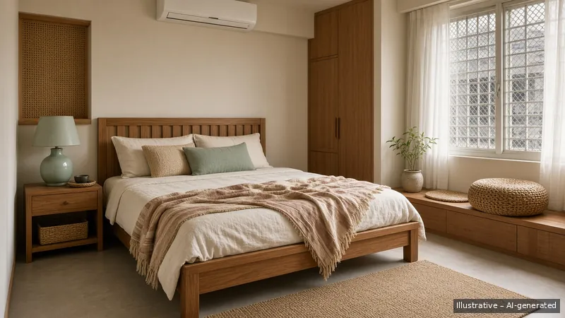 Bedroom — Thai Teak Lanna, HDB 3-room (illustrative)