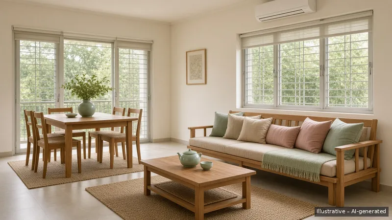 Living and dining — Thai Teak Lanna, HDB 4-room (illustrative)