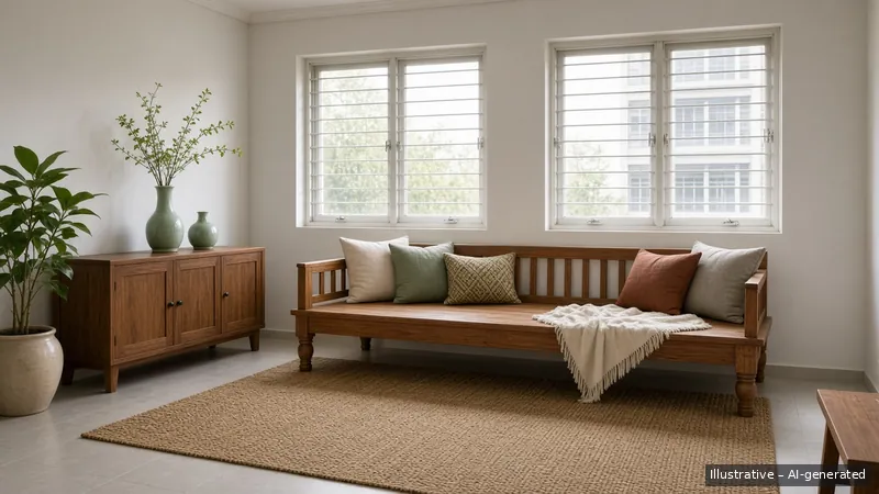 Living — Thai Teak Lanna, HDB 5-room (illustrative)