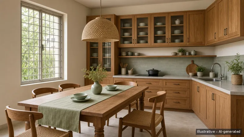 Kitchen and dining — Thai Teak Lanna, HDB 5-room (illustrative)
