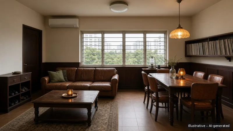 Living and dining — Tokyo Kissaten, HDB 4-room (illustrative)