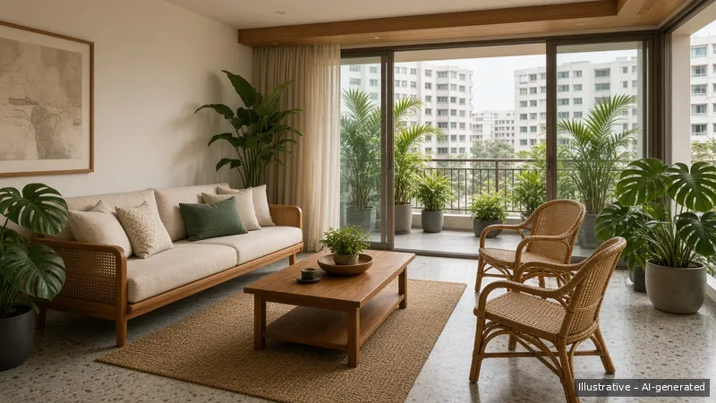 Living and balcony — Tropical Modernist, Condo (illustrative)