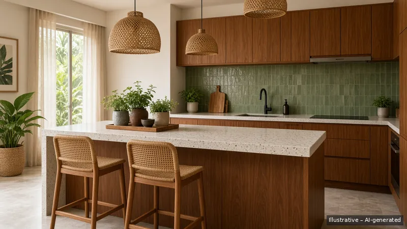 Kitchen island — Tropical Modernist, Condo (illustrative)