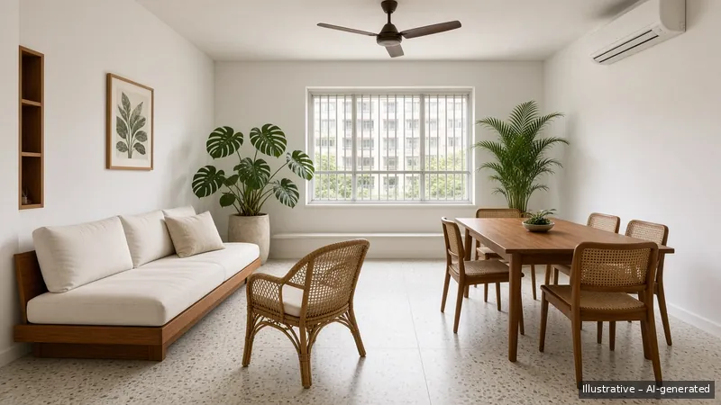 Living and dining — Tropical Modernist, HDB 3-room (illustrative)