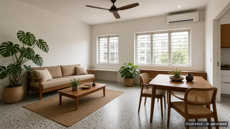 Living and dining — Tropical Modernist, HDB 4-room (illustrative)