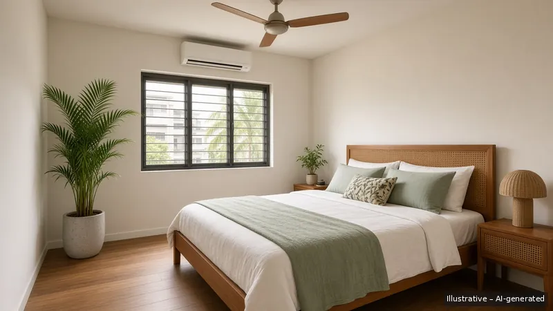 Master bedroom — Tropical Modernist, HDB 4-room (illustrative)