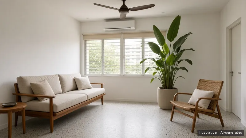 Living — Tropical Modernist, HDB 5-room (illustrative)