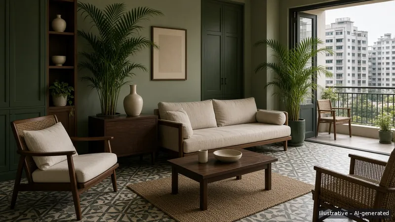 Living and balcony — Vietnamese Indochine, Condo (illustrative)