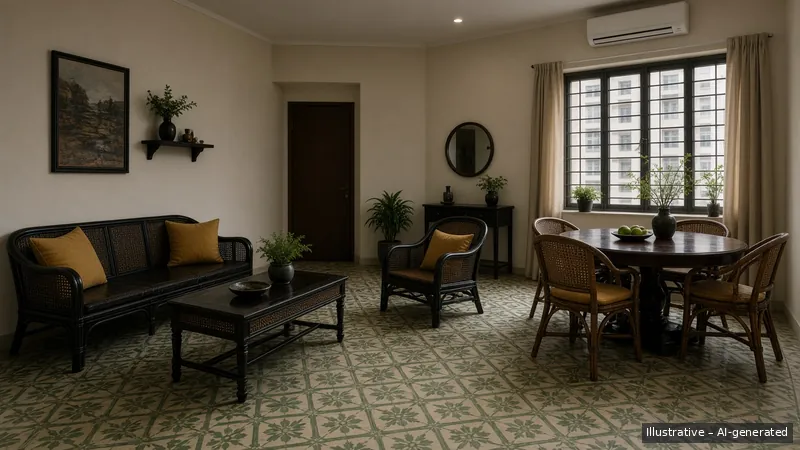Living and dining — Vietnamese Indochine, HDB 3-room (illustrative)