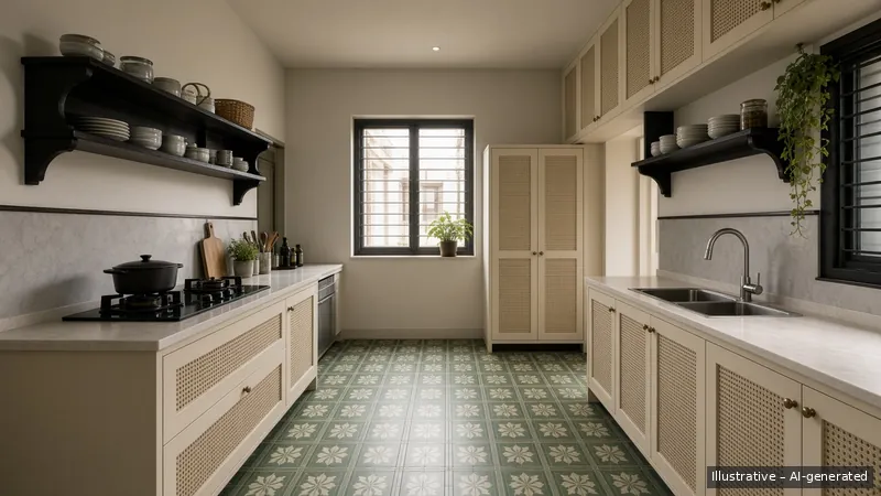 Galley kitchen — Vietnamese Indochine, HDB 3-room (illustrative)